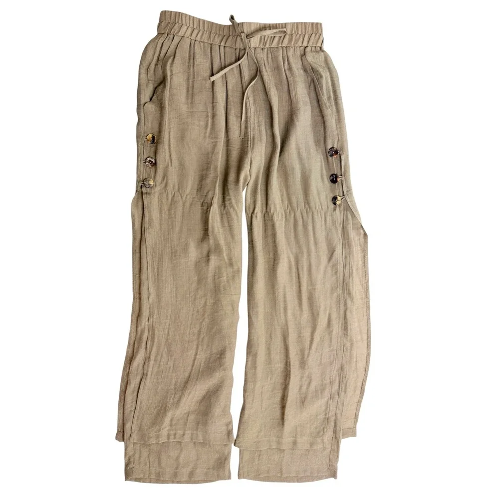 Ania.A Tan Wide Leg Flowy Pants Womens Medium Elastic Waist Side Slit Button‎